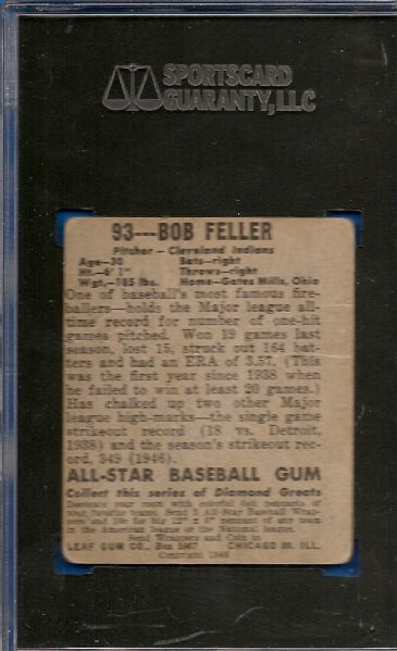 1948 Leaf #93 Bob Feller Autographed SGC JSA Authentic