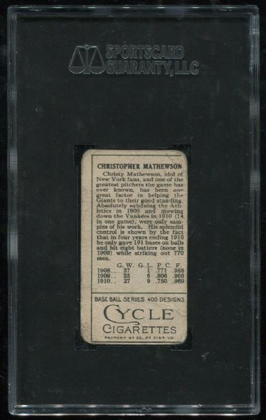 1911 T205 Cycle Christy Mathewson 37-1 Record SGC 10