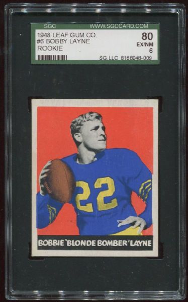 1948 Leaf Gum Co. #6 Bobby Layne Rookie SGC 80