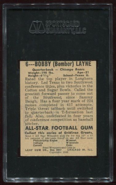 1948 Leaf Gum Co. #6 Bobby Layne Rookie SGC 80