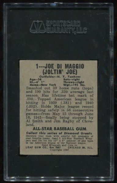 1948-49 Leaf Gum Co. #1 Joe DiMaggio SGC 60