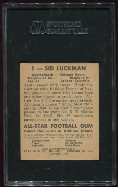 1948 Leaf Gum Co. #1 Sid Luckman Rookie SGC 60