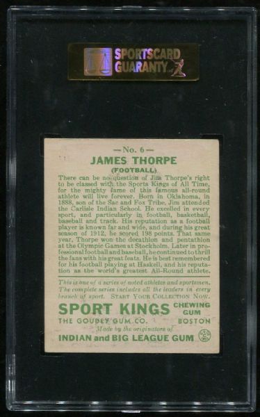 1933 Sport Kings Gum #6 Jim Thorpe SGC 80