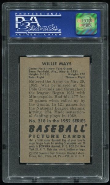 1952 Bowman #218 Willie Mays PSA 6