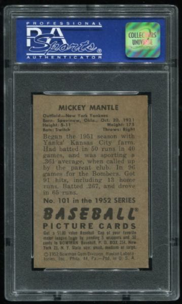 1952 Bowman #101 Mickey Mantle PSA 5
