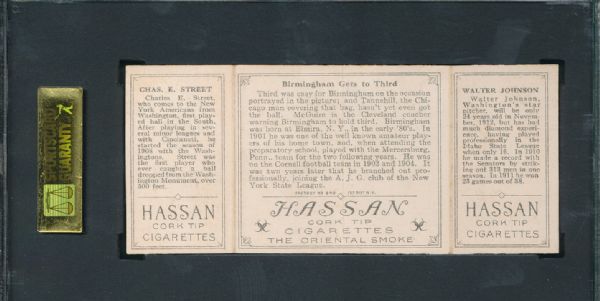 1912 T202 Hassan Cigarettes Triple Folder #09 Birmingham Gets to Third Walter Johnson SGC 40