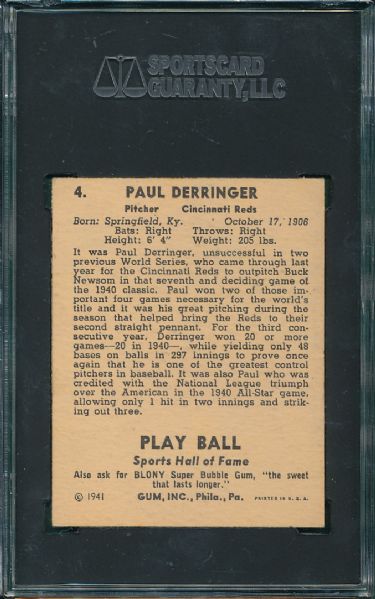 1941 Playball #4 Paul Duke Derringer SGC 80