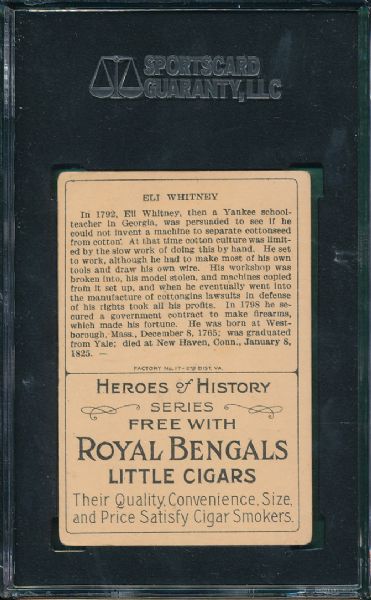 1911 T68 Royal Bengals Eli Whitney, Heroes of History SGC 40
