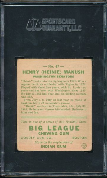 1933 Goudey #47 Heinie Manush SGC 40