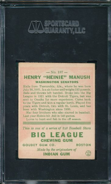 1933 Goudey #187 Heinie Manush SGC 40