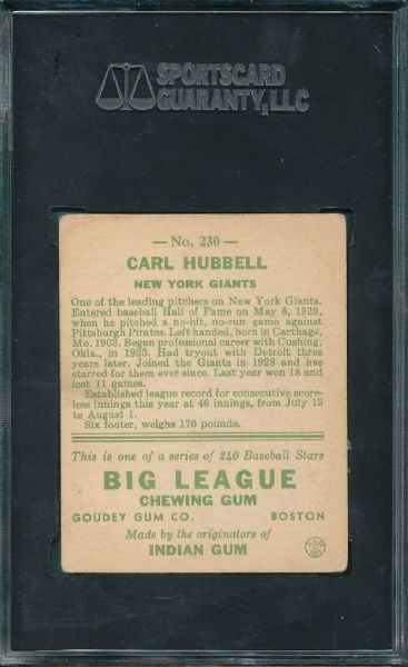 1933 Goudey #230 Carl Hubbell SGC 40