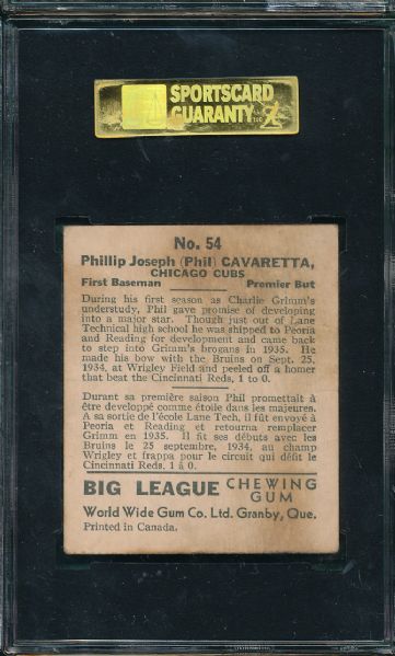 1936 World Wide Gum Co. #54 Phil Cavaretta SGC 30