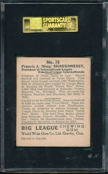 1936 World Wide Gum Co. #78 Shag Shaughnessy SGC 50