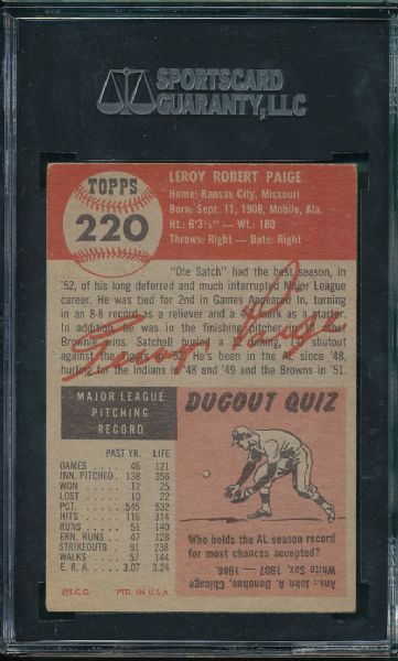 1953 Topps #220 Satchell Paige SGC 55
