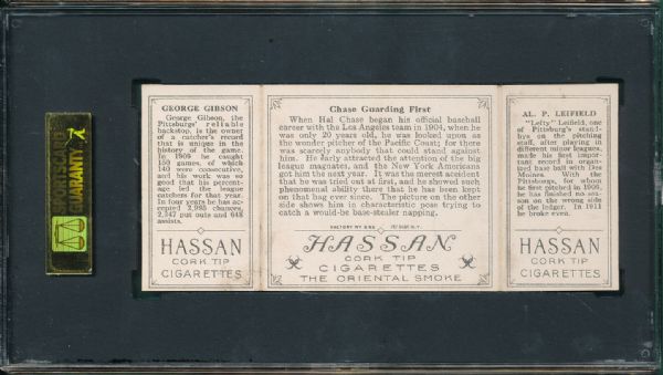 1912 T202 Hassan Cigarettes Triple Folder #28 Chase Gaurding First, Leifeld/Gibson SGC 60