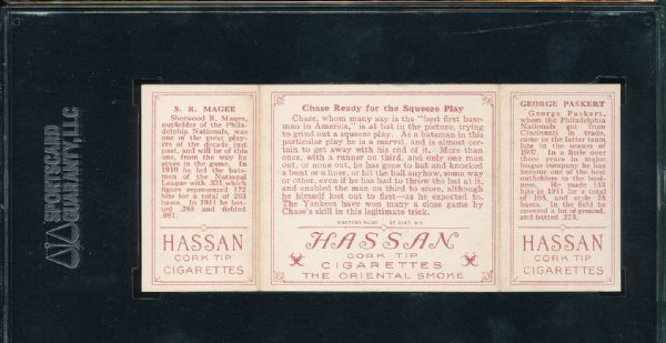 1912 T202 Hassan Cigarettes Triple Folder #29 Chase Ready Paskert/Magee SGC 30 *High End*