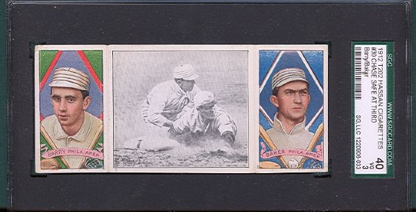 1912 T202 Hassan Cigarettes Triple Folder #30 Chase Safe at Third Baker/Barry SGC 40