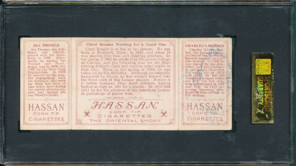 1912 T202 Hassan Cigarettes Triple Folder #31 Chief Bender Waiting Bender/Thomas SGC 50