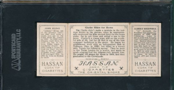 1912 T202 Hassan Cigarettes Triple Folder #32 Clarke Hikes for Home Bridwell/Kling SGC 40