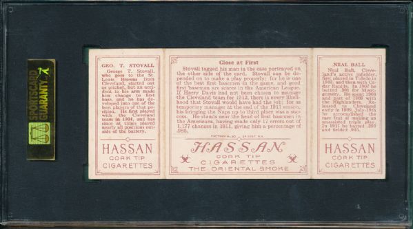 1912 T202 Hassan Cigarettes Triple Folder #33 Close at First Ball/Stovall SGC 60