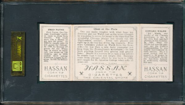 1912 T202 Hassan Cigarettes Triple Folder #35 Close at the Plate White/Payne SGC 50