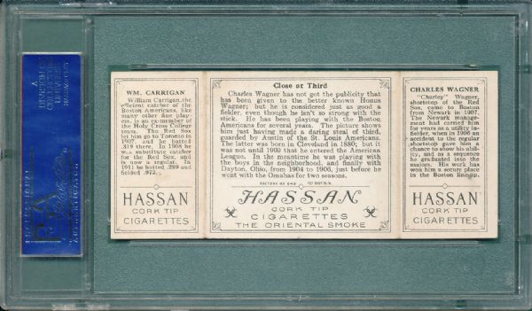 1912 T202 Hassan Cigarettes Triple Folder #37 Close at Third Wagner/Carrigan PSA 4