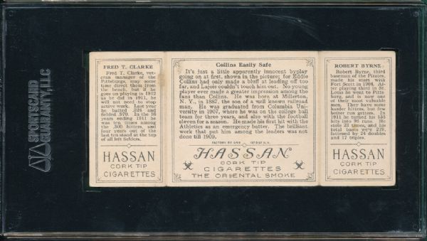 1912 T202 Hassan Cigarettes Triple Folder #38 Collins Easily Safe Bryne/Clarke  SGC 10 *Very Presentable*