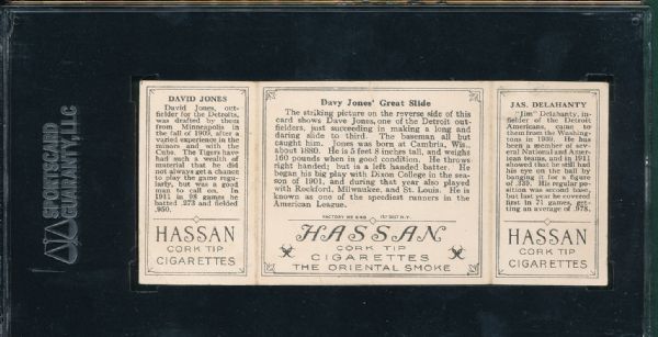 1912 T202 Hassan Cigarettes Triple Folder #43 Davy Jones Great Slide Delahanty/Jones SGC 30