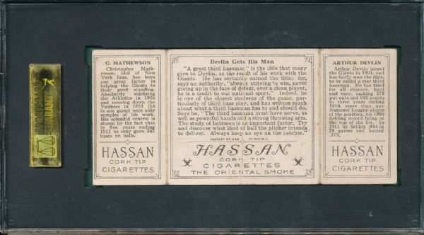 1912 T202 Hassan Cigarettes Triple Folder #44 Devlin Gets His Man Mathewson/Devlin (Giants)  SGC 30