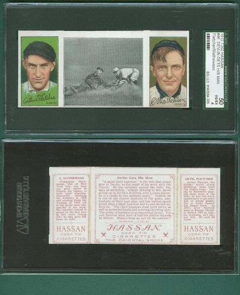 1912 T202 Hassan Cigarettes Triple Folder #46 Devlin Gets His Man Mathewson/Fletcher SGC 50
