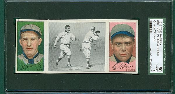 1912 T202 Hassan Cigarettes Triple Folder #48 Donlin Out at First Gibson/Camnitz SGC 50