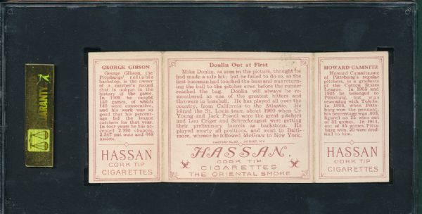 1912 T202 Hassan Cigarettes Triple Folder #48 Donlin Out at First Gibson/Camnitz SGC 50
