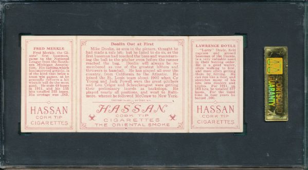1912 T202 Hassan Cigarettes Triple Folder #49 Donlin Out at First Doyle/Merkle SGC 60