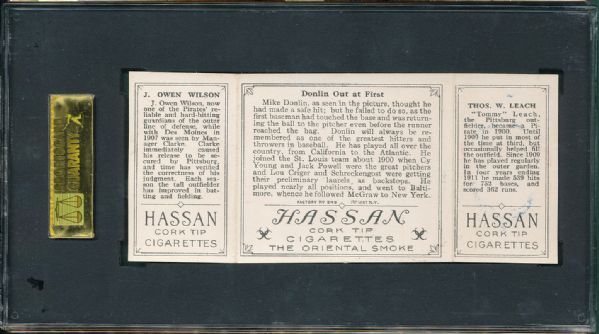 1912 T202 Hassan Cigarettes Triple Folder #50 Donlin Out at First Leach/Wilson SGC 50
