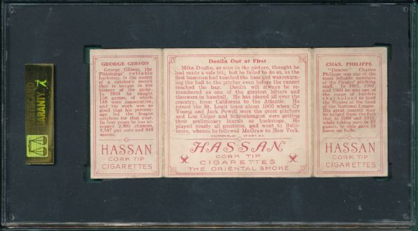 1912 T202 Hassan Cigarettes Triple Folder #52 Donlin Out at First Phillipe/Gibson SGC 40
