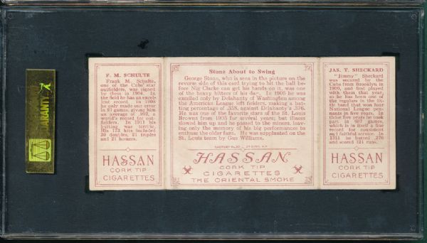 1912 T202 Hassan Cigarettes Triple Folder #109 Stone About to Swing Sheckard/Schulte  SGC 40