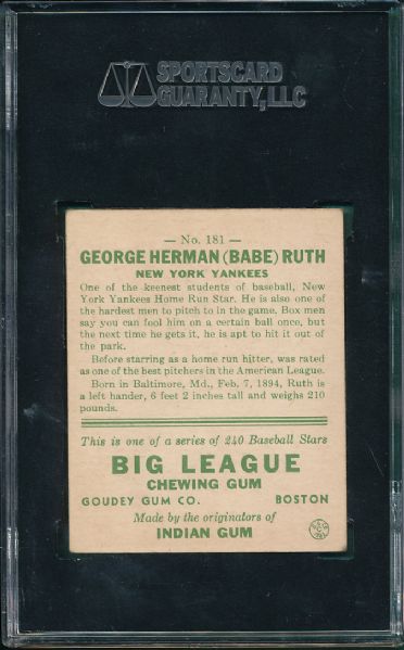 1933 Goudey #181 Babe Ruth SGC 60