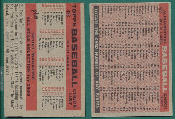 1958 Topps #428 Cincinnati Redlegs Team Card, Both Variations
