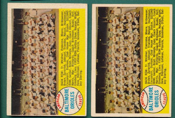 1958 Topps #408 Baltimore Orioles Team Card, Both Variations