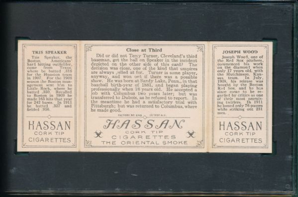 1912 T202 Hassan Cigarettes Triple Folder #36 Close at Third Speaker/Wood SGC 50