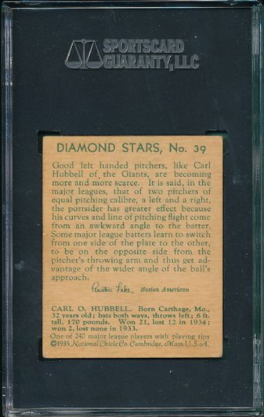 1935 Diamond Stars #39 Carl Hubbell SGC 55