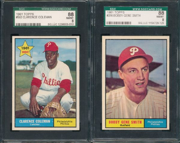 1961 Topps #316 & #502 Philadelphia Philles 2 Card Lot SGC 88