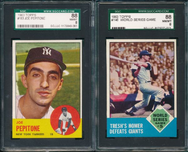 1963 Topps #183 Pepitone & #146 New York Yankees 2 Card Lot SGC 88