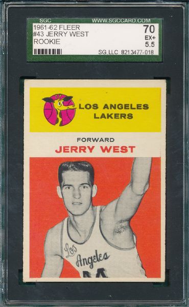 1961-62 Fleer BSKT #43 Jerry West, Rookie, SGC 70