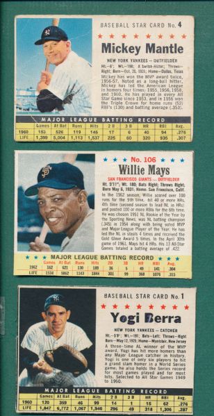 1961, 63 Post (3) Card Lot W/ Mantle, Berra and Mays