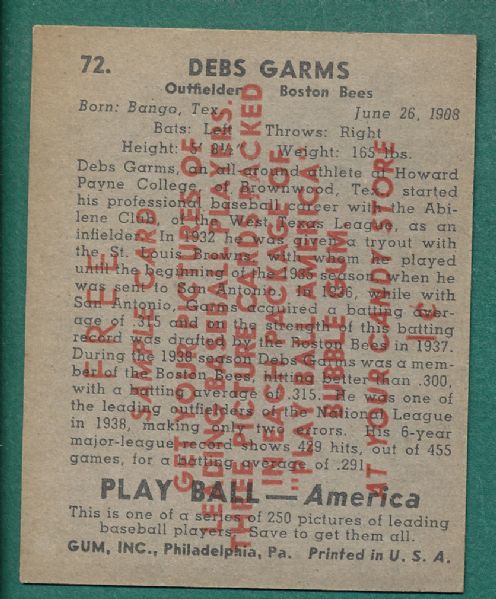 1939 Play Ball #72 Debs Grams W/ Free Sample Card Ad Back