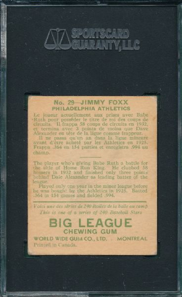 1933 World Wide Gum #29 Jimmy Foxx SGC 40