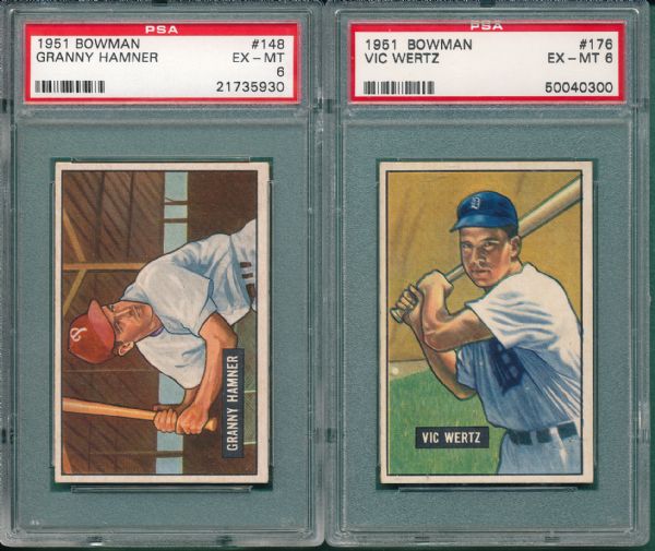 1951 Bowman #148 Hamner & #176 Wertz, (2) Card Lot PSA 6