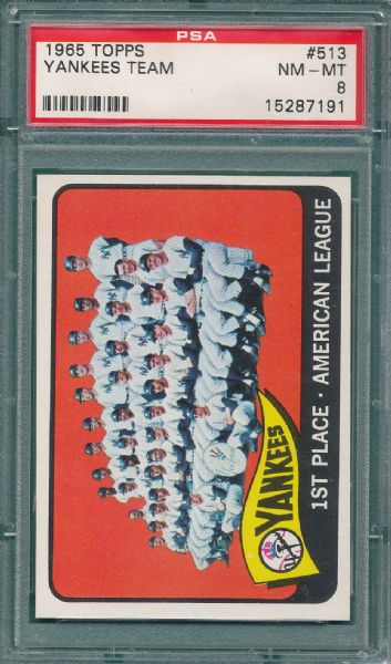 1965 Topps #513 Yankees Team PSA 8 *High Number*