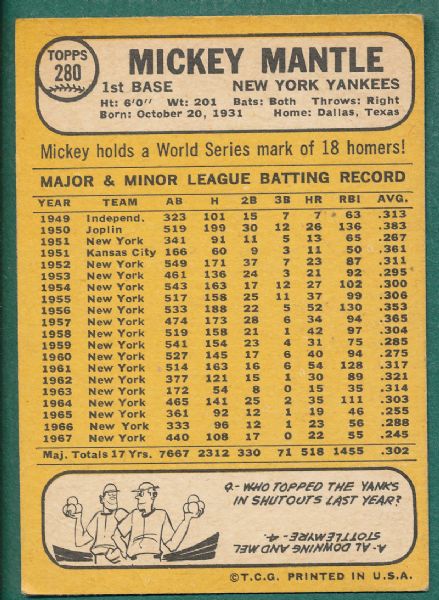 1968 Topps #280 Mickey Mantle 